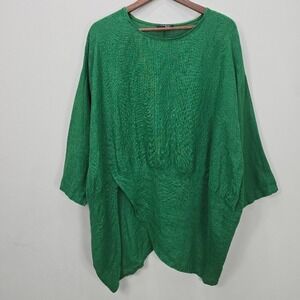 Saga Top OS Green Linen Asymmetrical Hem Dolman‎ Sleeve Oversized Italy Cacoon